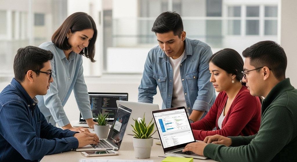[Imagen de un equipo de trabajo diverso colaborando en una oficina]